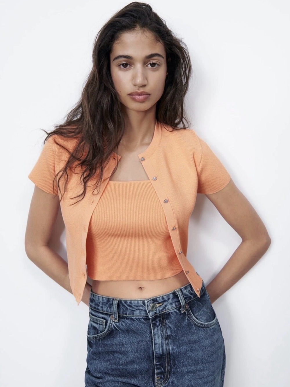NWT Zara - Peach Orange Ribbed Crop Tank with Short-Sleeve Cardigan Set